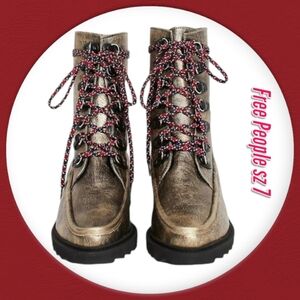 New Free People Fallon Mettalic Gold Leather Boot Lace-Up